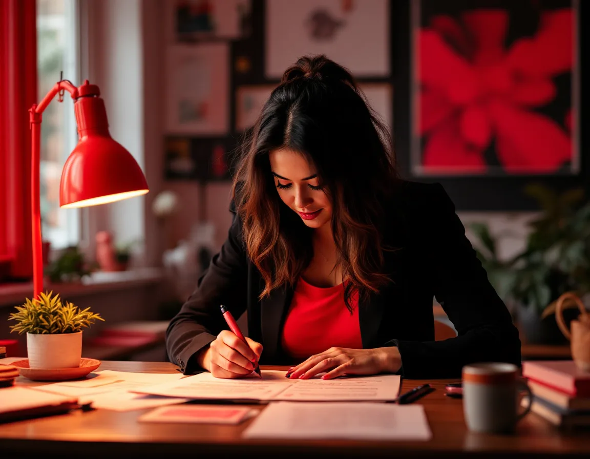Marisol Vega at her editing desk, coral marker over a marked-up draft