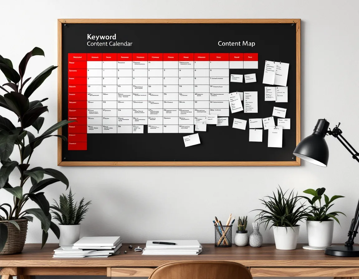 A keyword map and content calendar pinned across a studio wall