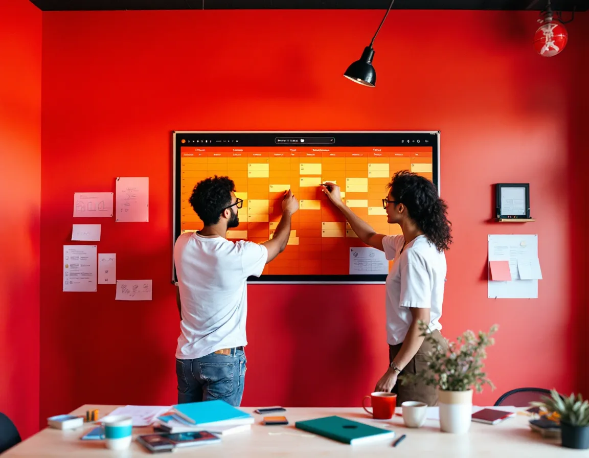 Two people mapping a content calendar on a studio wall