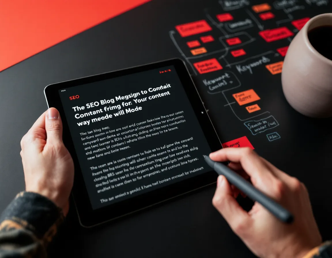 An SEO blog article laid out on a tablet beside a marked-up keyword map
