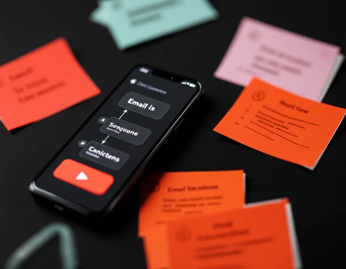 A phone showing an email sequence beside index cards mapping the flow
